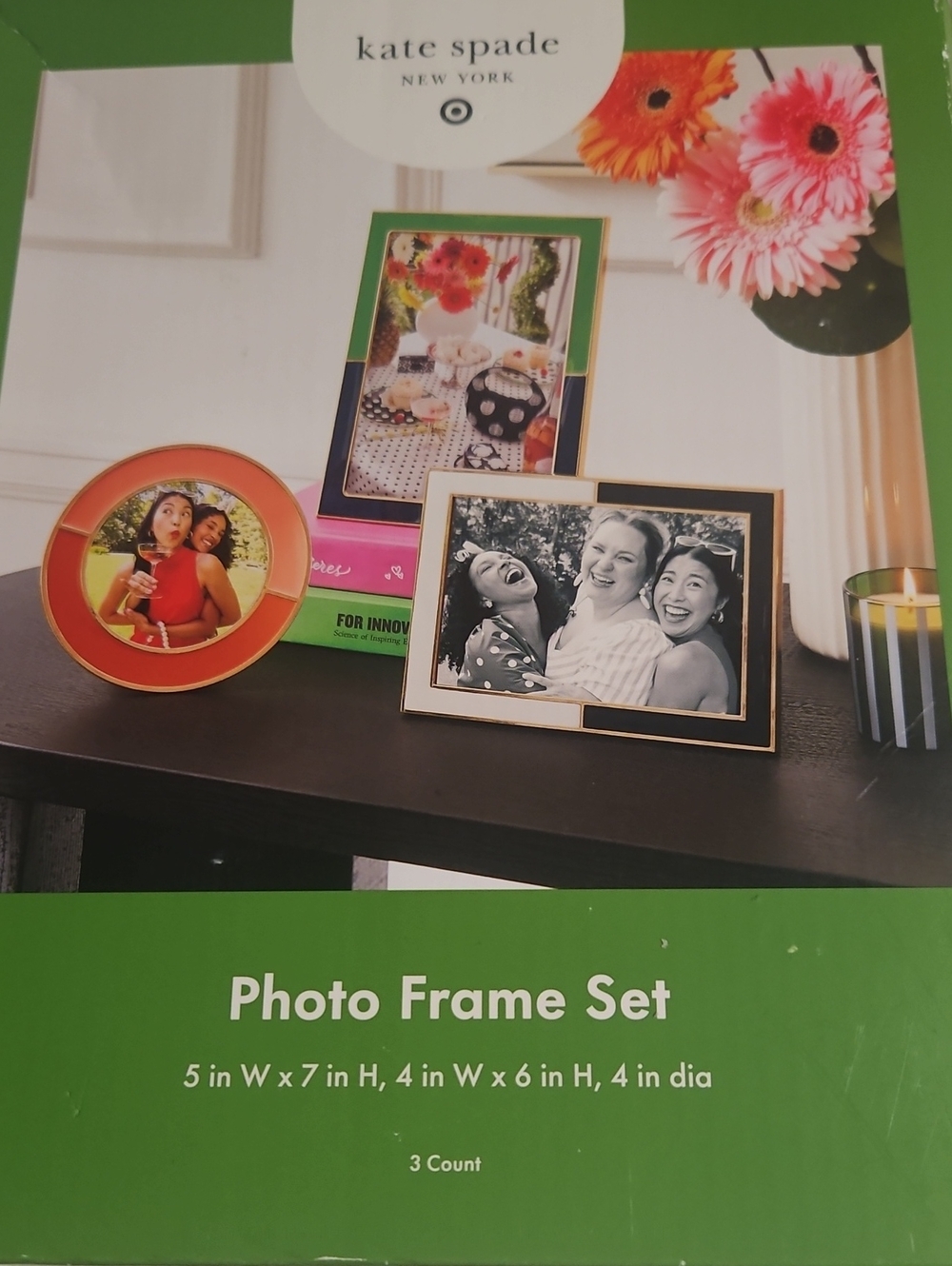 NWT Kate Spade Trio Photo Frame Set in Green, Coral and Black with Gold Trim